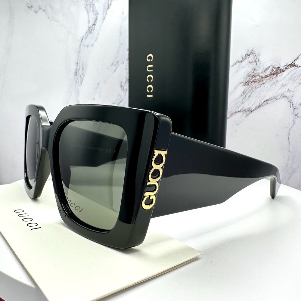New GUCCI Sunglasses Black Gold Logo Square Oversized 51mm Grey Lens Womens